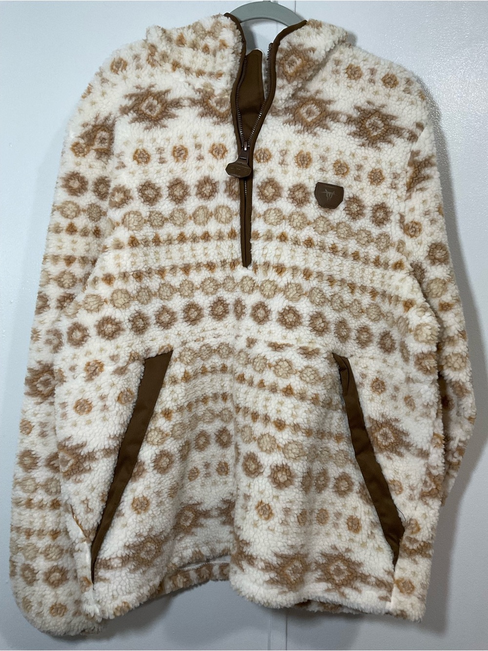 Men's Cream Sherpa Half-Zip Pullover with Brown Accents